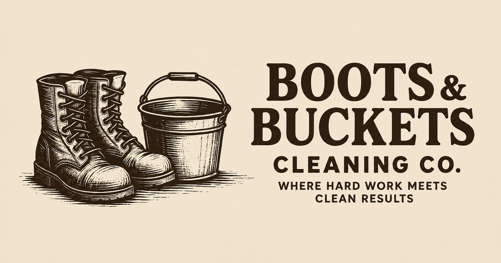 Boots and Buckets Cleaning Company vintage logo with work boots and a metal bucket